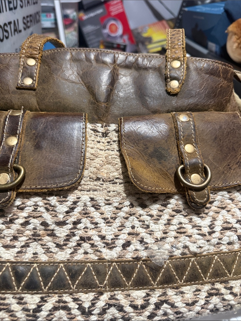 Myra Bag Brown and Cream Woven Leather-Trim Shoulder Tote